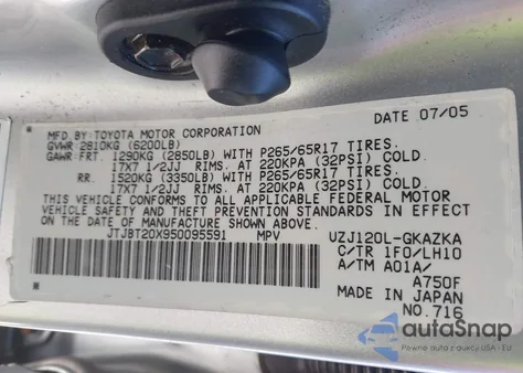 2005 Lexus Gx 470 from USA, damaged, VIN JTJBT20X950095591